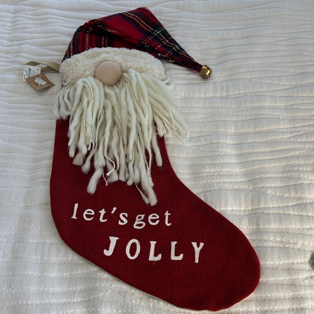 Mud Pie Red Gnome Santa Stocking with Plaid Hat and Fuzzy Beard NWT